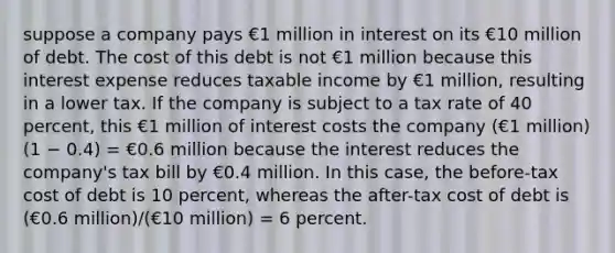 suppose a company pays €1 million in interest on its €10 million of debt. The cost of this debt is not €1 million because this interest expense reduces taxable income by €1 million, resulting in a lower tax. If the company is subject to a tax rate of 40 percent, this €1 million of interest costs the company (€1 million) (1 − 0.4) = €0.6 million because the interest reduces the company's tax bill by €0.4 million. In this case, the before-tax cost of debt is 10 percent, whereas the after-tax cost of debt is (€0.6 million)/(€10 million) = 6 percent.