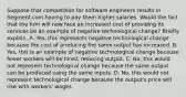 Suppose that competition for software engineers results in Segment.com having to pay them higher salaries. Would the fact that the firm will now face an increased cost of providing its services be an example of negative technological​ change? Briefly explain. A. Yes, this represents negative technological change because the cost of producing the same output has increased. B. Yes, this is an example of negative technological change because fewer workers will be​ hired, reducing output. C. No, this would not represent technological change because the same output can be produced using the same inputs. D. No, this would not represent technological change because the​ output's price will rise with​ workers' wages.