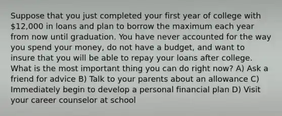 Suppose that you just completed your first year of college with 12,000 in loans and plan to borrow the maximum each year from now until graduation. You have never accounted for the way you spend your money, do not have a budget, and want to insure that you will be able to repay your loans after college. What is the most important thing you can do right now? A) Ask a friend for advice B) Talk to your parents about an allowance C) Immediately begin to develop a personal financial plan D) Visit your career counselor at school