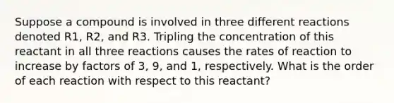 Suppose a compound is involved in three different reactions denoted R1, R2, and R3. Tripling the concentration of this reactant in all three reactions causes the rates of reaction to increase by factors of 3, 9, and 1, respectively. What is the order of each reaction with respect to this reactant?