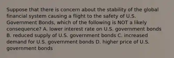 Suppose that there is concern about the stability of the global financial system causing a flight to the safety of U.S. Government Bonds, which of the following is NOT a likely consequence? A. lower interest rate on U.S. government bonds B. reduced supply of U.S. government bonds C. increased demand for U.S. government bonds D. higher price of U.S. government bonds