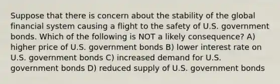 Suppose that there is concern about the stability of the global financial system causing a flight to the safety of U.S. government bonds. Which of the following is NOT a likely consequence? A) higher price of U.S. government bonds B) lower interest rate on U.S. government bonds C) increased demand for U.S. government bonds D) reduced supply of U.S. government bonds