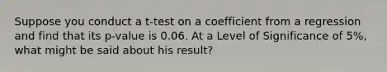 Suppose you conduct a t-test on a coefficient from a regression and find that its p-value is 0.06. At a Level of Significance of 5%, what might be said about his result?