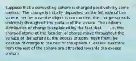 Suppose that a conducting sphere is charged positively by some method. The charge is initially deposited on the left side of the sphere. Yet because the object is conductive, the charge spreads uniformly throughout the surface of the sphere. The uniform distribution of charge is explained by the fact that ____. a. the charged atoms at the location of charge move throughout the surface of the sphere b. the excess protons move from the location of charge to the rest of the sphere c. excess electrons from the rest of the sphere are attracted towards the excess protons