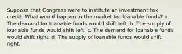 Suppose that Congress were to institute an investment tax credit. What would happen in the market for loanable funds? a. The demand for loanable funds would shift left. b. The supply of loanable funds would shift left. c. The demand for loanable funds would shift right. d. The supply of loanable funds would shift right.