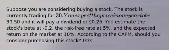 Suppose you are considering buying a stock. The stock is currently trading for 30. You expect the price in one year to be30.50 and it will pay a dividend of 0.25. You estimate the stock's beta at -0.2, the risk-free rate at 5%, and the expected return on the market at 10%. According to the CAPM, should you consider purchasing this stock? LO3