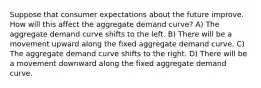 Suppose that consumer expectations about the future improve. How will this affect the aggregate demand curve? A) The aggregate demand curve shifts to the left. B) There will be a movement upward along the fixed aggregate demand curve. C) The aggregate demand curve shifts to the right. D) There will be a movement downward along the fixed aggregate demand curve.