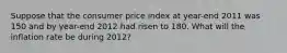 Suppose that the consumer price index at year-end 2011 was 150 and by year-end 2012 had risen to 180. What will the inflation rate be during 2012?