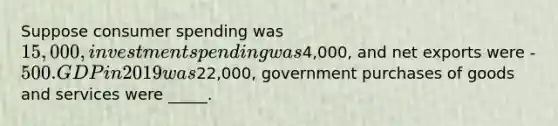 Suppose consumer spending was 15,000, investment spending was4,000, and net exports were -500. GDP in 2019 was22,000, government purchases of goods and services were _____.