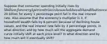 Suppose that consumer spending initially rises by 5 billion for every 1 percent rise in household wealth and that investment spending initially rises by20 billion for every 1 percentage point fall in the real interest rate. Also assume that the economy's multiplier is 3. If household wealth falls by 6 percent because of declining house values, and the real interest rate falls by 3 percentage points, in what direction and by how much will the aggregate demand curve initially shift at each price level? In what direction and by how much will it eventually shift?