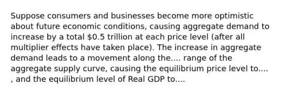 Suppose consumers and businesses become more optimistic about future economic conditions, causing aggregate demand to increase by a total 0.5 trillion at each price level (after all multiplier effects have taken place). The increase in aggregate demand leads to a movement along the.... range of the aggregate supply curve, causing the equilibrium price level to.... , and the equilibrium level of Real GDP to....