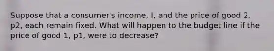 Suppose that a consumer's income, I, and the price of good 2, p2, each remain fixed. What will happen to the budget line if the price of good 1, p1, were to decrease?