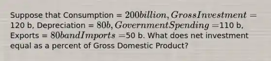 Suppose that Consumption = 200 billion, Gross Investment =120 b, Depreciation = 80 b, Government Spending =110 b, Exports = 80 b and Imports =50 b. What does net investment equal as a percent of Gross Domestic Product?