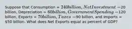 Suppose that Consumption = 240 billion, Net Investment =20 billion, Depreciation = 60 billion, Government Spending =120 billion, Exports = 70 billion, Taxes =90 billion, and Imports = 50 billion. What does Net Exports equal as percent of GDP?