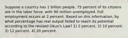 Suppose a country has 1 billion people. 75 percent of its citizens are in the labor force, with 90 million unemployed. Full employment occurs at 2 percent. Based on this information, by what percentage has real output failed to reach its potential according to the revised Okun's Law? 1) 2 percent. 2) 10 percent. 3) 12 percent. 4) 20 percent.