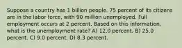 Suppose a country has 1 billion people. 75 percent of its citizens are in the labor force, with 90 million unemployed. Full employment occurs at 2 percent. Based on this information, what is the unemployment rate? A) 12.0 percent. B) 25.0 percent. C) 9.0 percent. D) 8.3 percent.