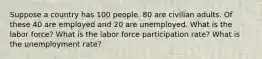 Suppose a country has 100 people. 80 are civilian adults. Of these 40 are employed and 20 are unemployed. What is the labor force? What is the labor force participation rate? What is the unemployment rate?