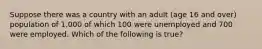 Suppose there was a country with an adult (age 16 and over) population of 1,000 of which 100 were unemployed and 700 were employed. Which of the following is true?