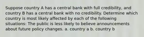 Suppose country A has a central bank with full​ credibility, and country B has a central bank with no credibility. Determine which country is most likely affected by each of the following​ situations: The public is less likely to believe announcements about future policy changes. a. country a b. country b