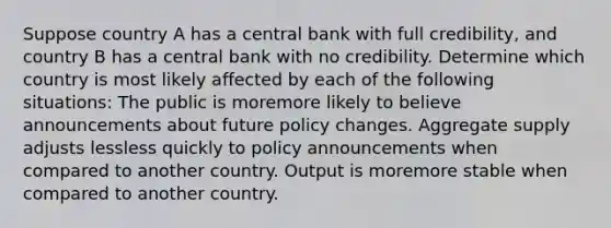 Suppose country A has a central bank with full​ credibility, and country B has a central bank with no credibility. Determine which country is most likely affected by each of the following​ situations: The public is moremore likely to believe announcements about future policy changes. Aggregate supply adjusts lessless quickly to policy announcements when compared to another country. Output is moremore stable when compared to another country.