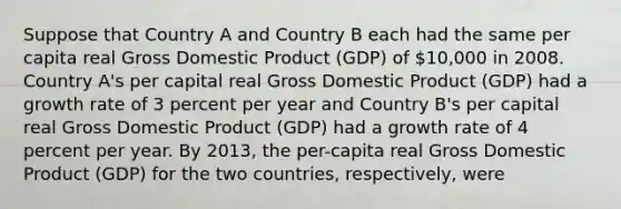 Suppose that Country A and Country B each had the same per capita real Gross Domestic Product (GDP) of 10,000 in 2008. Country A's per capital real Gross Domestic Product (GDP) had a growth rate of 3 percent per year and Country B's per capital real Gross Domestic Product (GDP) had a growth rate of 4 percent per year. By 2013, the per-capita real Gross Domestic Product (GDP) for the two countries, respectively, were