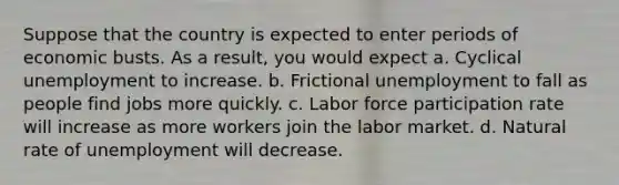 Suppose that the country is expected to enter periods of economic busts. As a result, you would expect a. Cyclical unemployment to increase. b. Frictional unemployment to fall as people find jobs more quickly. c. Labor force participation rate will increase as more workers join the labor market. d. Natural rate of unemployment will decrease.