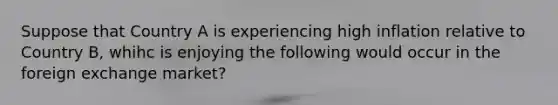 Suppose that Country A is experiencing high inflation relative to Country B, whihc is enjoying the following would occur in the foreign exchange market?