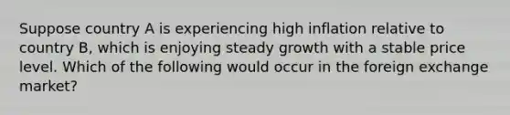 Suppose country A is experiencing high inflation relative to country B, which is enjoying steady growth with a stable price level. Which of the following would occur in the foreign exchange market?