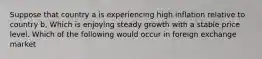 Suppose that country a is experiencing high inflation relative to country b, Which is enjoying steady growth with a stable price level. Which of the following would occur in foreign exchange market
