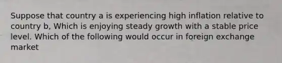 Suppose that country a is experiencing high inflation relative to country b, Which is enjoying steady growth with a stable price level. Which of the following would occur in foreign exchange market
