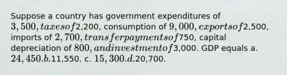 Suppose a country has government expenditures of 3,500, taxes of2,200, consumption of 9,000, exports of2,500, imports of 2,700, transfer payments of750, capital depreciation of 800, and investment of3,000. GDP equals a. 24,450. b.11,550. c. 15,300. d.20,700.