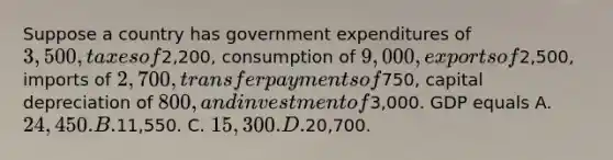 Suppose a country has government expenditures of 3,500, taxes of2,200, consumption of 9,000, exports of2,500, imports of 2,700, transfer payments of750, capital depreciation of 800, and investment of3,000. GDP equals A. 24,450. B.11,550. C. 15,300. D.20,700.