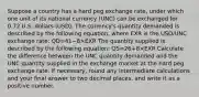 Suppose a country has a hard peg exchange rate, under which one unit of its national currency (UNC) can be exchanged for 0.72 U.S. dollars (USD). The currency's quantity demanded is described by the following equation, where EXR is the USD/UNC exchange rate: QD=41−8×EXR The quantity supplied is described by the following equation: QS=26+8×EXR Calculate the difference between the UNC quantity demanded and the UNC quantity supplied in the exchange market at the hard peg exchange rate. If necessary, round any intermediate calculations and your final answer to two decimal places, and write it as a positive number.