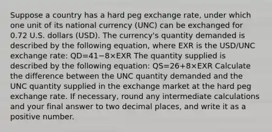 Suppose a country has a hard peg exchange rate, under which one unit of its national currency (UNC) can be exchanged for 0.72 U.S. dollars (USD). The currency's quantity demanded is described by the following equation, where EXR is the USD/UNC exchange rate: QD=41−8×EXR The quantity supplied is described by the following equation: QS=26+8×EXR Calculate the difference between the UNC quantity demanded and the UNC quantity supplied in the exchange market at the hard peg exchange rate. If necessary, round any intermediate calculations and your final answer to two decimal places, and write it as a positive number.