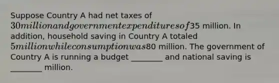 Suppose Country A had net taxes of 30 million and government expenditures of35 million. In addition, household saving in Country A totaled 5 million while consumption was80 million. The government of Country A is running a budget ________ and national saving is ________ million.