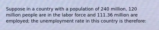 Suppose in a country with a population of 240 million, 120 million people are in the labor force and 111.36 million are employed; the unemployment rate in this country is therefore: