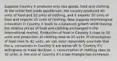 Suppose Country X produces only two goods, food and clothing. At the initial free-trade equilibrium, the country produced 40 units of food and 20 units of clothing, and it exports 10 units of food and imports 10 units of clothing. Now suppose technological innovation in Country X leads to a balanced growth while leaving the relative prices of food and clothing unchanged in the international market. Production of food in Country X rises to 50 units and production of clothing rises to 25 units. If consumption of food rises to 42 units, we can most reasonably conclude that the a. consumers in Country X are worse off. b. Country X's willingness to trade declines. c. consumption of clothing rises to 32 units. d. the size of Country X's trade triangle has increased.