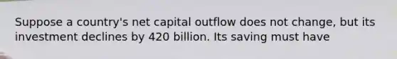 Suppose a country's net capital outflow does not change, but its investment declines by 420 billion. Its saving must have