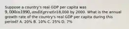 Suppose a country's real GDP per capita was 9,000 in 1990, and it grew to18,000 by 2000. What is the annual growth rate of the country's real GDP per capita during this period? A. 20% B. 10% C. 25% D. 7%