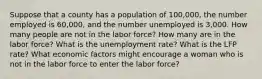 Suppose that a county has a population of 100,000, the number employed is 60,000, and the number unemployed is 3,000. How many people are not in the labor force? How many are in the labor force? What is the unemployment rate? What is the LFP rate? What economic factors might encourage a woman who is not in the labor force to enter the labor force?