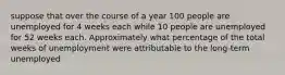 suppose that over the course of a year 100 people are unemployed for 4 weeks each while 10 people are unemployed for 52 weeks each. Approximately what percentage of the total weeks of unemployment were attributable to the long-term unemployed