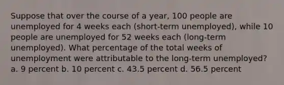 Suppose that over the course of a year, 100 people are unemployed for 4 weeks each (short-term unemployed), while 10 people are unemployed for 52 weeks each (long-term unemployed). What percentage of the total weeks of unemployment were attributable to the long-term unemployed? a. 9 percent b. 10 percent c. 43.5 percent d. 56.5 percent