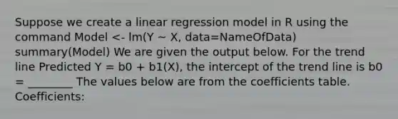 Suppose we create a linear regression model in R using the command Model <- lm(Y ~ X, data=NameOfData) summary(Model) We are given the output below. For the trend line Predicted Y = b0 + b1(X), the intercept of the trend line is b0 = ________ The values below are from the coefficients table. Coefficients: