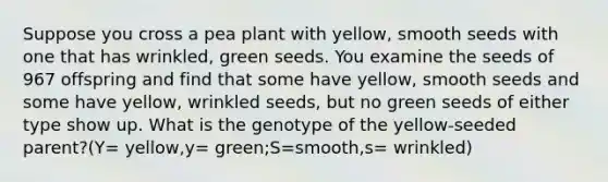 Suppose you cross a pea plant with yellow, smooth seeds with one that has wrinkled, green seeds. You examine the seeds of 967 offspring and find that some have yellow, smooth seeds and some have yellow, wrinkled seeds, but no green seeds of either type show up. What is the genotype of the yellow-seeded parent?(Y= yellow,y= green;S=smooth,s= wrinkled)