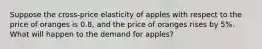 Suppose the cross-price elasticity of apples with respect to the price of oranges is 0.8, and the price of oranges rises by 5%. What will happen to the demand for apples?