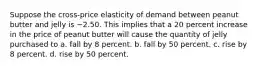 Suppose the cross-price elasticity of demand between peanut butter and jelly is −2.50. This implies that a 20 percent increase in the price of peanut butter will cause the quantity of jelly purchased to a. fall by 8 percent. b. fall by 50 percent. c. rise by 8 percent. d. rise by 50 percent.