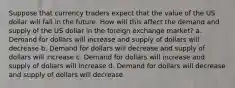 Suppose that currency traders expect that the value of the US dollar will fall in the future. How will this affect the demand and supply of the US dollar in the foreign exchange​ market? a. Demand for dollars will increase and supply of dollars will decrease b. Demand for dollars will decrease and supply of dollars will increase c. Demand for dollars will increase and supply of dollars will increase d. Demand for dollars will decrease and supply of dollars will decrease