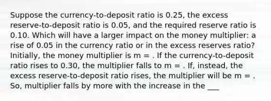 Suppose the currency-to-deposit ratio is 0.25, the excess reserve-to-deposit ratio is 0.05, and the required reserve ratio is 0.10. Which will have a larger impact on the money multiplier: a rise of 0.05 in the currency ratio or in the excess reserves ratio? Initially, the money multiplier is m = . If the currency-to-deposit ratio rises to 0.30, the multiplier falls to m = . If, instead, the excess reserve-to-deposit ratio rises, the multiplier will be m = . So, multiplier falls by more with the increase in the ___