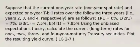 Suppose that the current one-year rate (one-year spot rate) and expected one-year T-bill rates over the following three years (i.e., years 2, 3, and 4, respectively) are as follows: 1R1 = 6%, E(2r1) = 7%, E(3r1) = 7.5%, E(4r1) = 7.85% Using the unbiased expectations theory, calculate the current (long-term) rates for one-, two-, three-, and four-year-maturity Treasury securities. Plot the resulting yield curve. ( LG 2-7 )