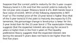 Suppose that the current yield to maturity for the 5-year coupon Treasury bond is 1.5% and that the current yield to maturity for the 10-year zero-coupon Treasury bond is 2%. Both bonds have a face value of 1000. Which of the following statements is NOT true? a) The market price of the 10-year bond is higher than that of the 5-year bond b) If the yield to maturity decreases by 0.5% tomorrow, the percentage change in bond price is lower for the 5-year bond than for the 10-year bond c) The expectation theory suggests that the expected interest rate during the second 5 years is higher than in the first 5 years d) The liquidity preference theory suggests that the expected interest rate during the second 5 years does not have to be higher than the first five years